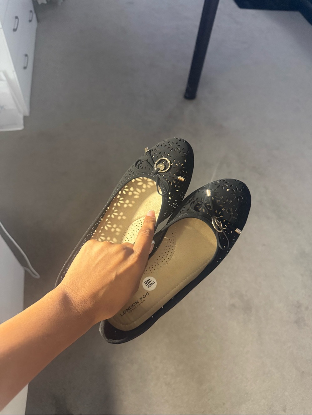 London Fog Black Laser-Cut Ballet Flats with Bow Accent